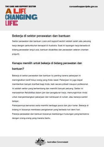 Cover of Indonesian - Working in the care and support sector